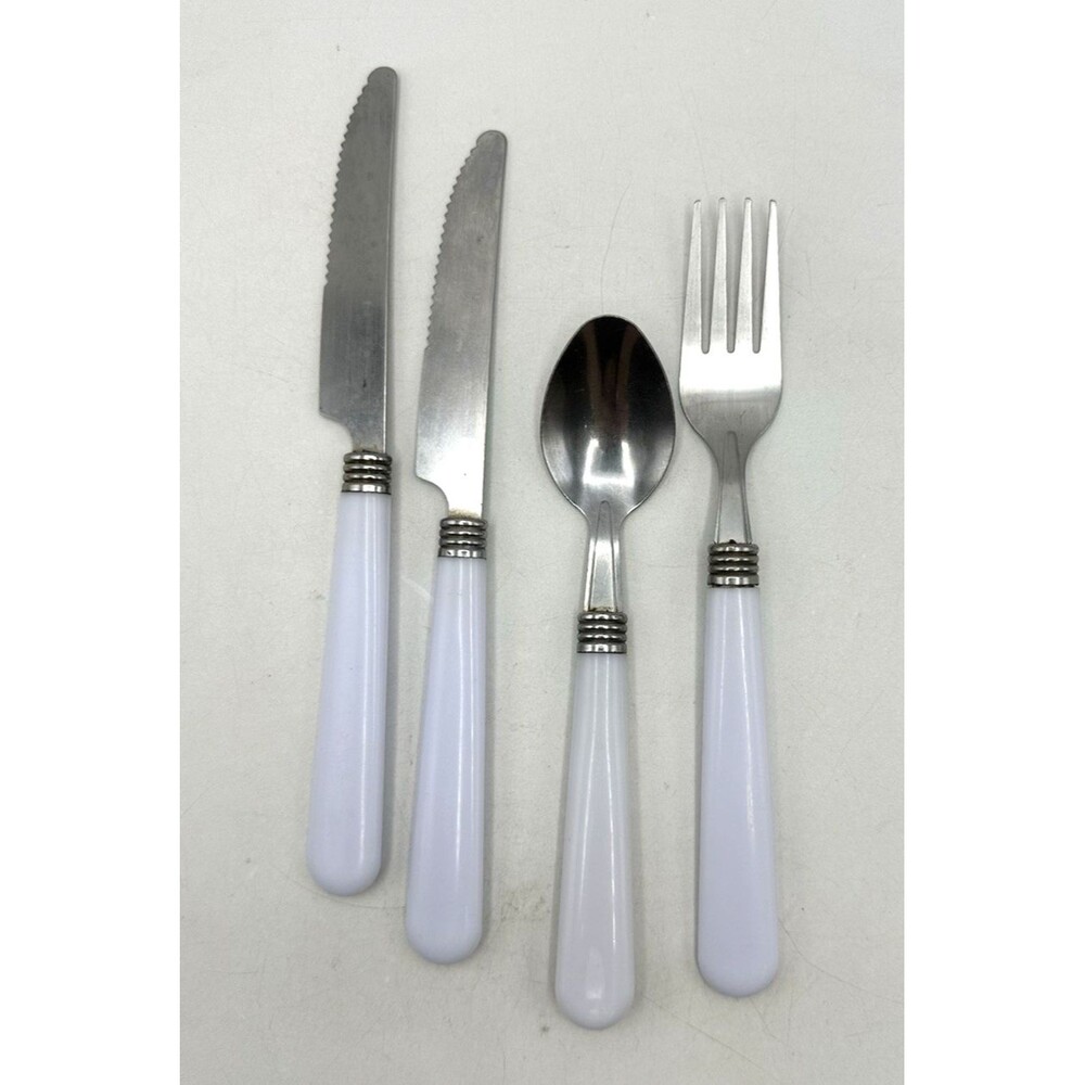 4 pc Stainless Steel Flatware Acrylic Handled White Banded Detail
